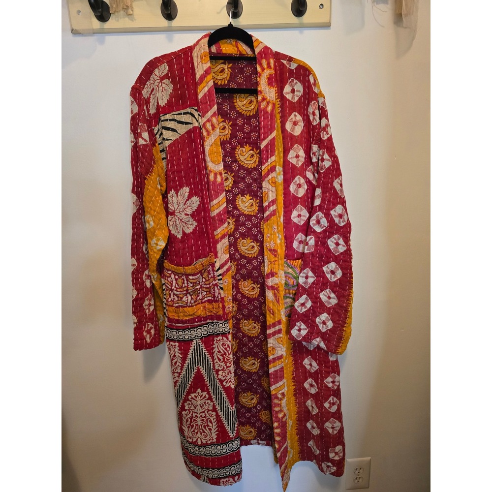Handmade Reversible Kantha Quilt Kimono Robe Duster Jacket Bohemian Red Yellow